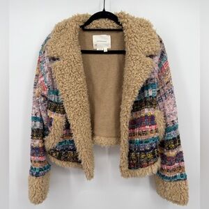 Anthropologie Multicolor Tweed Jacket with Faux Shearling Trim Size S